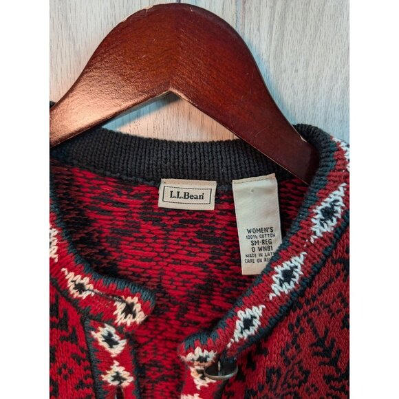 LL Bean Cardigan Womens Small Red Fair Isle Chunky Sweater Cotton Nordic Button - Picture 3 of 7